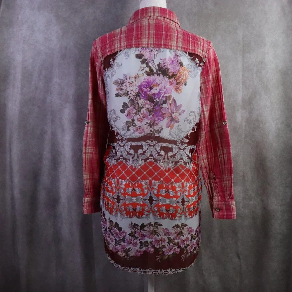 Cyrena Top Womens Small Pink Colorful Plaid Floral Button Long Sleeve Boho - Picture 1 of 8